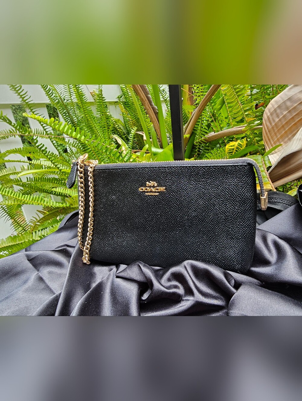 Coach Black Crossgrain Leather Chain Wristlet Pouch